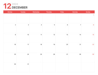 Calendar 2024. Calendar week 2024 starts on Monday. Corporate minimalist clean calendar for December 2024