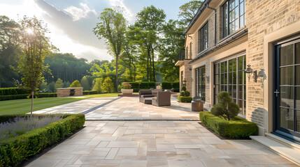 Done viwe Hard landscaping, new luxury stone patio and garden of an English home