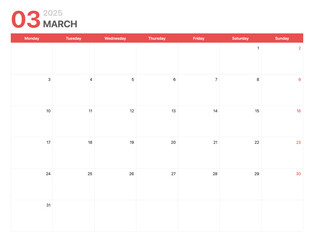 Calendar 2025. Calendar week 2025 starts on Monday. Corporate minimalist clean calendar for March 2025