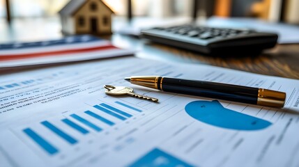 Close-up of a desk featuring an American flag and a house key, representing a VA home loan. Papers and a pen lay scattered, evoking financial planning