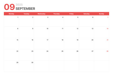 Calendar 2025. Calendar week 2025 starts on Monday. Corporate minimalist clean calendar for September 2025