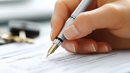 Close-up of hands signing a mortgage refinance contract, pen in motion, documents, and keys in view, emphasizing the importance of careful financial decisions
