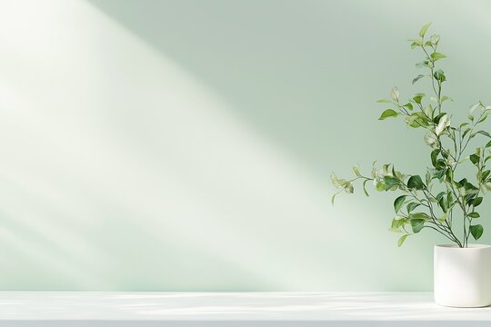 Green plant casting a shadow on a green wall in a minimalist room