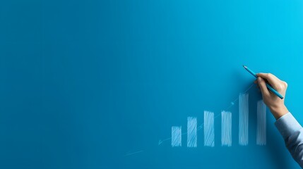 Hand drawing an upward trending bar graph on a blue background.
