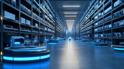 Futuristic warehouse with digital expense tracking robots, high-efficiency design, and advanced facility logistics