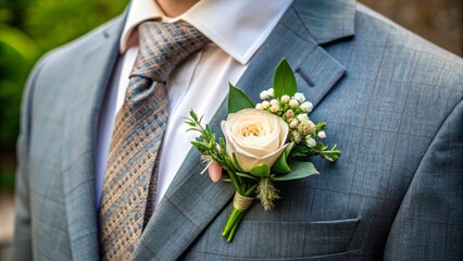 A delicate floral and foliage boutonniere, precisely crafted with gentle curves and soft colors, secured with discreet