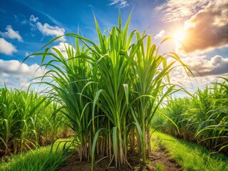 A lush green sugarcane plant with tall stalks and feathery leaves grows in a sun-drenched field, its sweetness