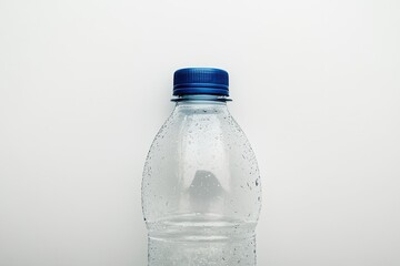 A close-up of an empty plastic water bottle with no label