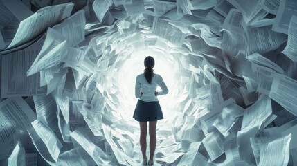 Woman in a labyrinth of debt papers and falling stock numbers, Debt maze, Market collapse