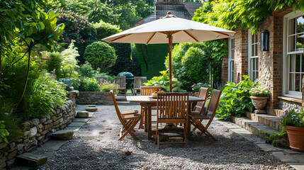 Obraz premium Done viwe London garden in summer with patio, wooden garden furniture and a parasol or sun umbrella