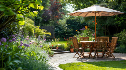 Obraz premium Done viwe London garden in summer with patio, wooden garden furniture and a parasol or sun umbrella