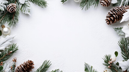 Naklejka premium Frost covered leaves and pinecones create beautiful winter frame, perfect for holiday decorations. serene atmosphere evokes sense of calm and joy during festive season