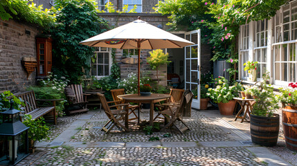 Obraz premium Done viwe London garden in summer with patio, wooden garden furniture and a parasol or sun umbrella