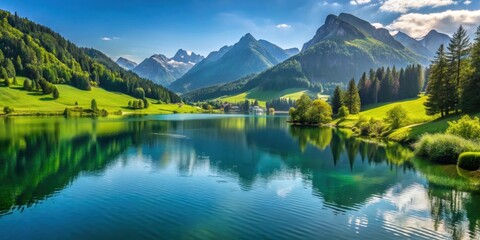 Serene alpine lake surrounded by lush green hills in the summer , Schwansee, mountains, scenic, landscape, nature