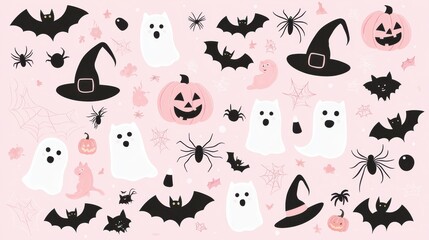 Cute Pink   Black Halloween Pattern with Bats  Ghosts  Pumpkins  Spiders and Witch Hats