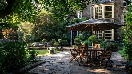 Done viwe London garden in summer with patio, wooden garden furniture and a parasol or sun umbrella