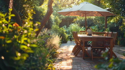 Obraz premium Done viwe London garden in summer with patio, wooden garden furniture and a parasol or sun umbrella