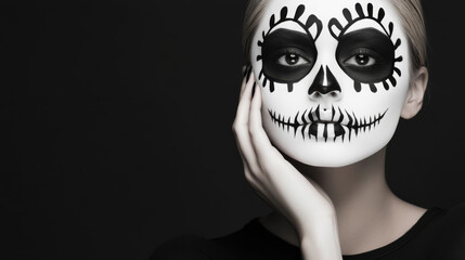 A striking close up portrait of young woman with intricate skull makeup, showcasing bold black and white designs. dramatic contrast highlights her features and creates an intense emotional expression
