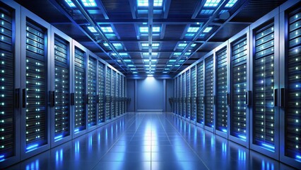Fototapeta premium Dark, blue futuristic room filled with modern server cabinets in a render farm , technology, data center
