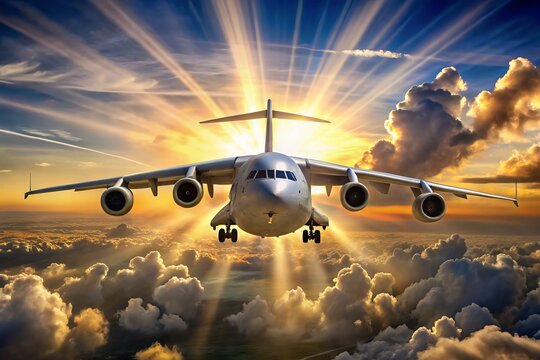 A majestic Boeing C-17 Globemaster III military transport aircraft soars through the sky, its massive wings and tail