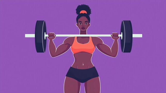 
Lift like a girl, weightlifter. Colorful, vector illustration of a dark-skinned strong, powerful woman. Colored flat cartoon vector illustration isolated on purple background. Good character design