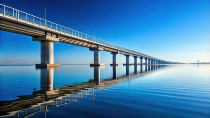 Isolated modern bridge structure over calm water with clear blue sky, bridge, modern, isolated, structure