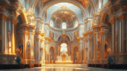 Grand interior of an ornate cathedral with golden accents.