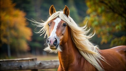 A majestic brown horse with a distinctive, flowing white mustache-like whisker arrangement around its mouth, set
