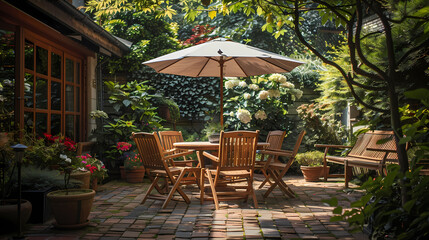 Obraz premium Done viwe London garden in summer with patio, wooden garden furniture and a parasol or sun umbrella