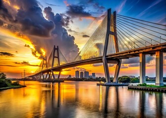 Obraz premium A majestic cable-stayed bridge spans the Houston Ship Channel, its towering pillars and sleek design dominating the