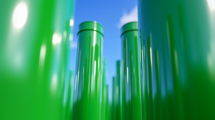 Obraz premium A series of tall, green cylindrical tubes stand closely together, creating a repetitive pattern.
