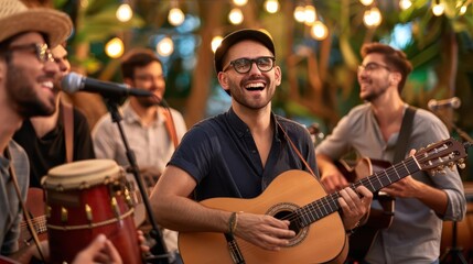 Fototapeta premium Cheerful musician performing with guitar in a vibrant outdoor setting, surrounded by friends and ambient lights.