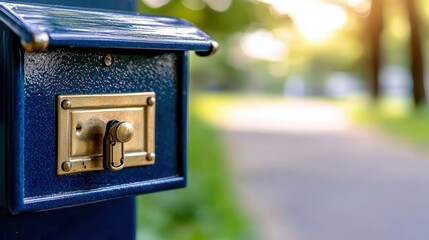 Closeup of Blue Mailbox with Golden Handle and Keyhole