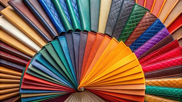 Colorful leather fan catalog with various swatches for customization, colorful, leather, fan, catalog, samples, customization