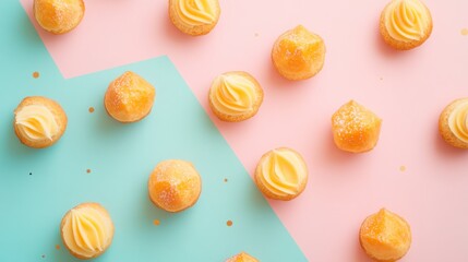 Fototapeta premium A flat lay of yellow cream puffs arranged on a pink and blue background with gold sprinkles.