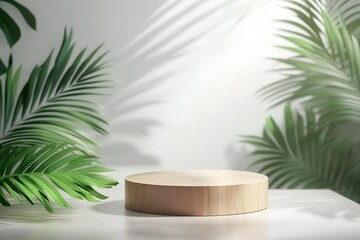 photo Wood podium table top blurred monstera green leaf plant nature background .Beauty cosmetic natural eco product modern display .jungle tropical forest concept