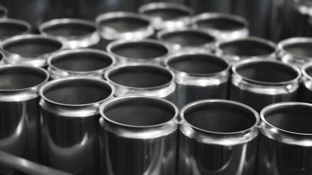 Empty aluminum cans moving on conveyor belt in industrial packaging line.