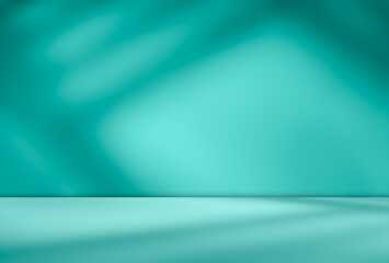 Background teal summer abstract shadow gradient room studio product floor wall green overlay leaf blur cement Mockup presentation fashion cosmetic backdorp scene loft minimal template empty simple.