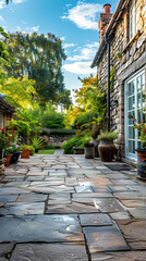 Obraz premium Hard landscaping, new luxury stone patio and garden of an English home