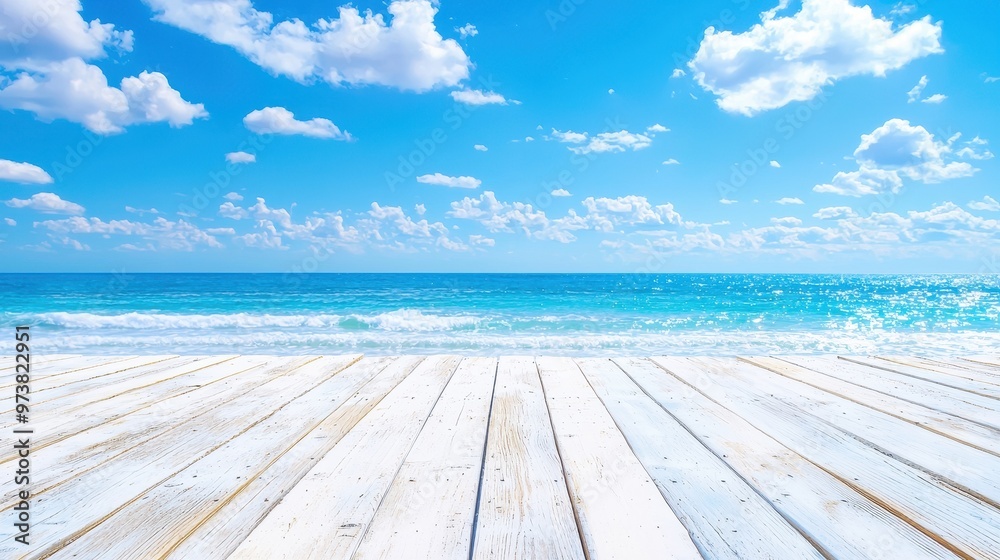 Wall mural white wooden plank beach ocean sky background