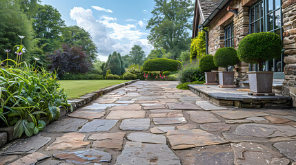 Fototapeta premium Hard landscaping, new luxury stone patio and garden of an English home