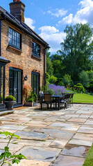 Fototapeta premium Hard landscaping, new luxury stone patio and garden of an English home