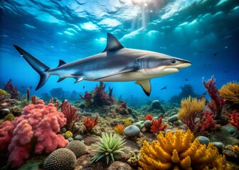 Fototapeta premium A majestic grey reef shark swims majestically through the crystal-clear waters of a vibrant coral reef, its powerful