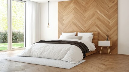 Modern Bedroom Interior Design with Herringbone Wood Floor and White Bed