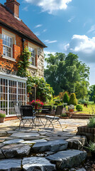Hard landscaping, new luxury stone patio and garden of an English home