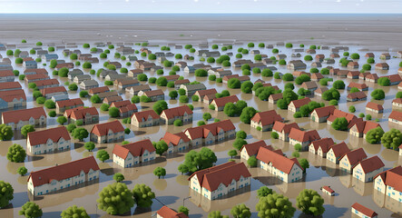 Drone Aerial View of houses and buildings flooded with flood water caused by Climate Change, flooded Town
