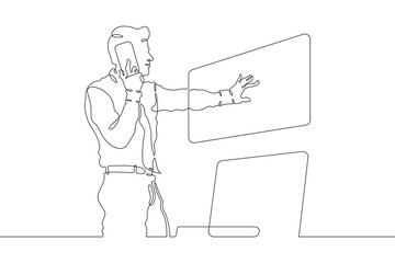 Continuous one line drawing businessman talking on the phone. Man working with laptop. Working on computer. Negotiations. One continuous line isolated minimal illustration.