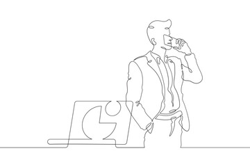 Continuous one line drawing businessman talking on the phone. Man working with laptop. Working on computer. Negotiations. One continuous line isolated minimal illustration.