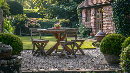 Hard landscaping, new luxury stone patio and garden of an English home