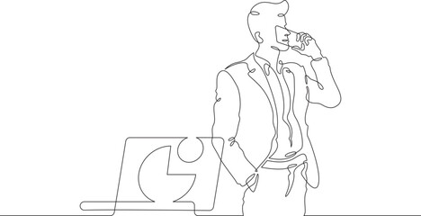 Continuous one line drawing businessman talking on the phone. Man working with laptop. Working on computer. Negotiations. One continuous line isolated minimal illustration.